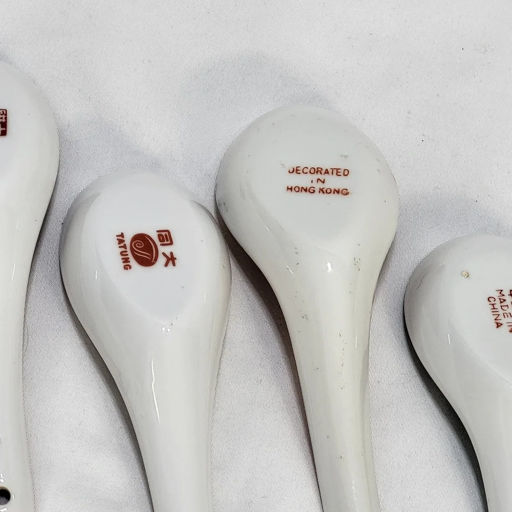 Vintage Chinese Porcelain Soup Spoons Set of 7 Tatung Famille Rose Floral Dragon